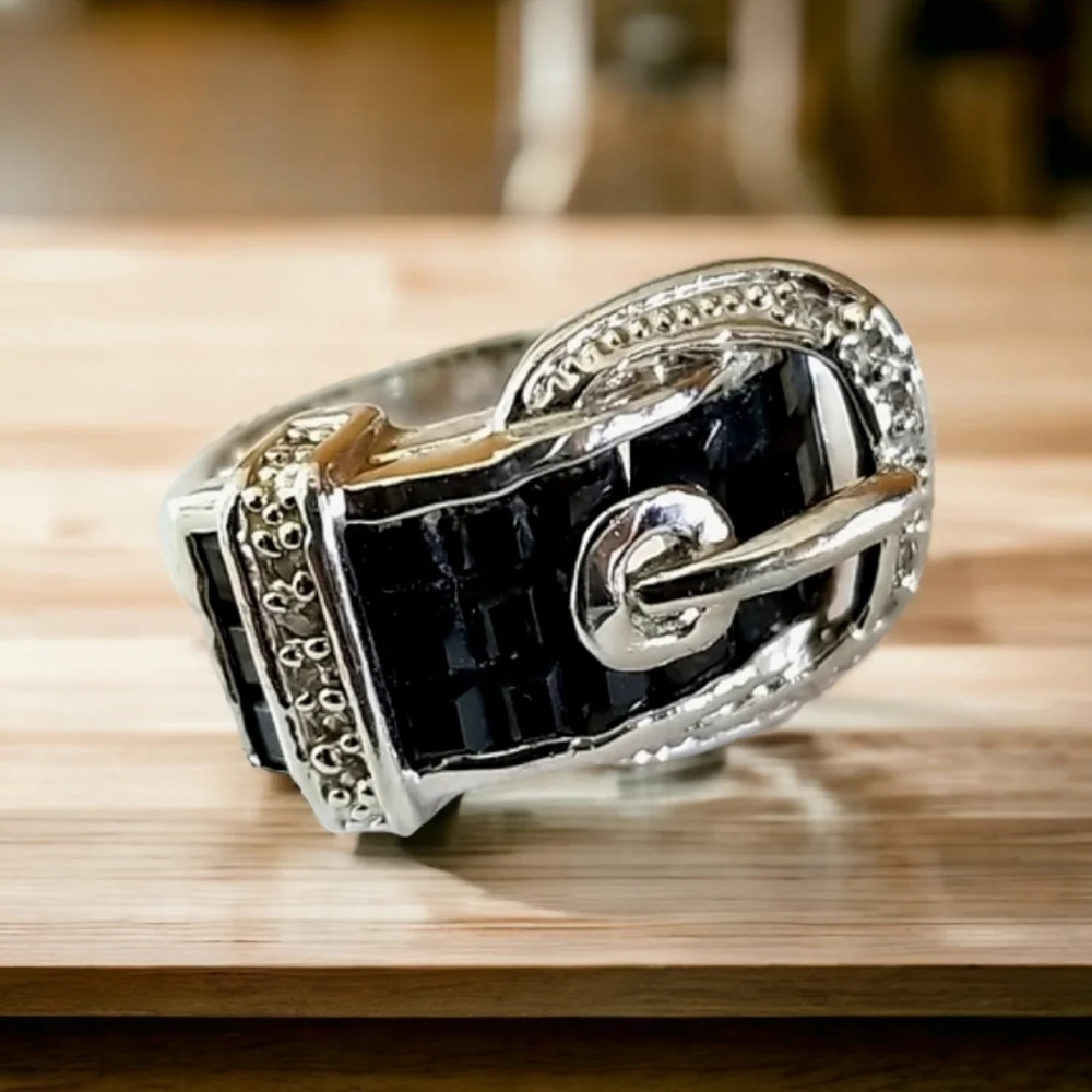 NWT Silver Tone and Black Crystal Rhinestone Belt Buckle Ring SZ 8 - Picture 3 of 16